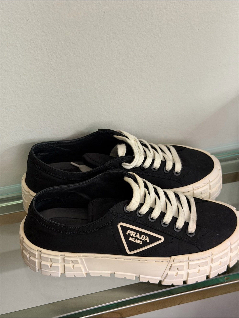 Prada Black Canvas Low-Top Platform Sneakers with White Trim